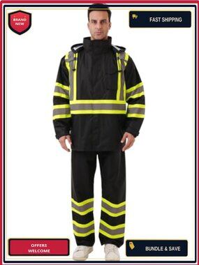 Hi Vis Class 3 Waterproof Safety Rain Jacket with Pockets, 100% Polyester,